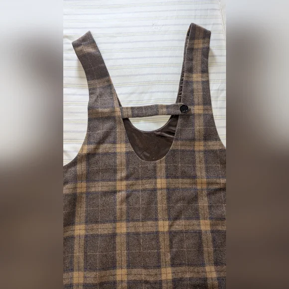Brown Plaid Reprocessed Wool Pinafore Jumper Dress -Brand New, Preppy Fall Dress - Picture 3 of 6